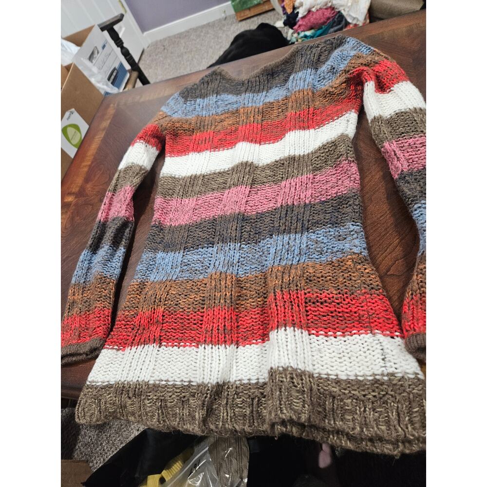 Ashley Y2K Inspired Ribbed Striped Knit Sweater Vintage Neck Skinny Sleeves L - Picture 7 of 7